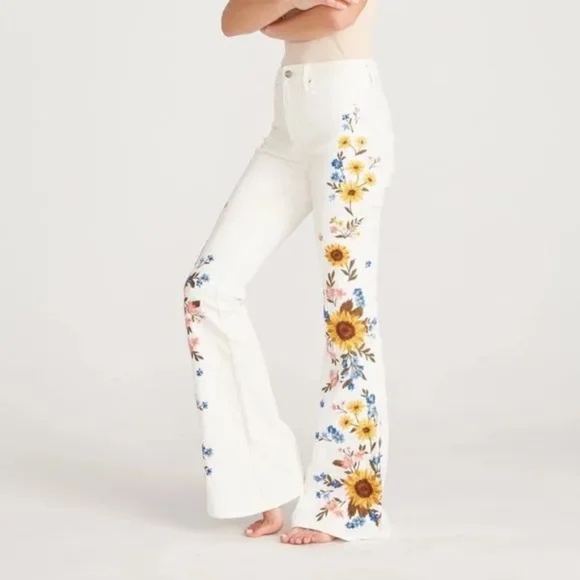 Free People Jeans Nwt Driftwood X Farrah Embroidered Flare White